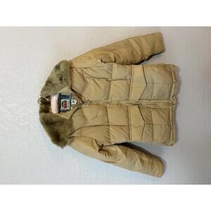 VTG 70s Miller Goose Down Coat Faux Fur Collar Youth Size 10 Tan Made in USA